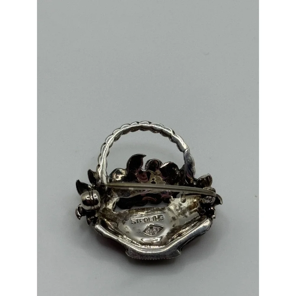 Judith Jack Sterling Silver Marcasite Enamel Flower Basket‎ Brooch Pin